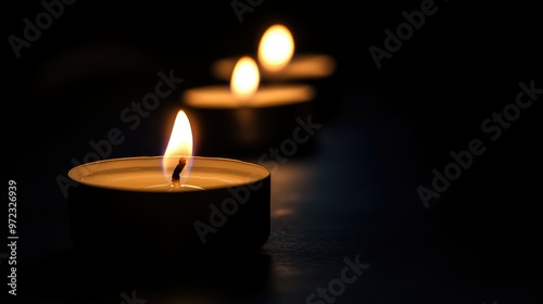 Close-up of candles burning with a dark, black background, creating a serene and atmospheric scene with ample copy space