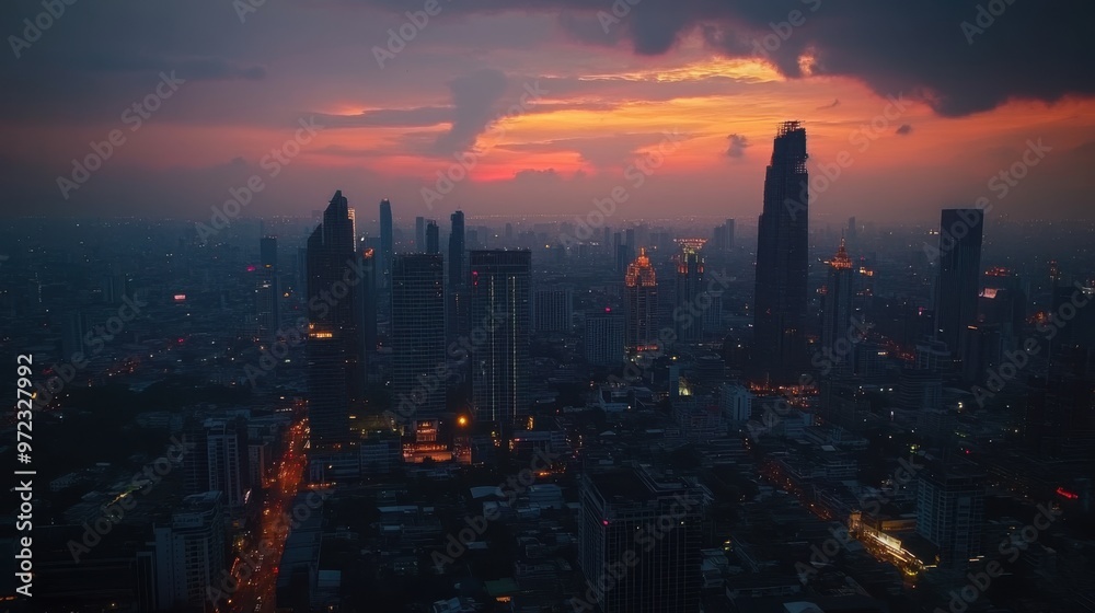 Fototapeta premium Aerial view of Bangkok at dusk, with the skyline skyscrapers illuminated against the