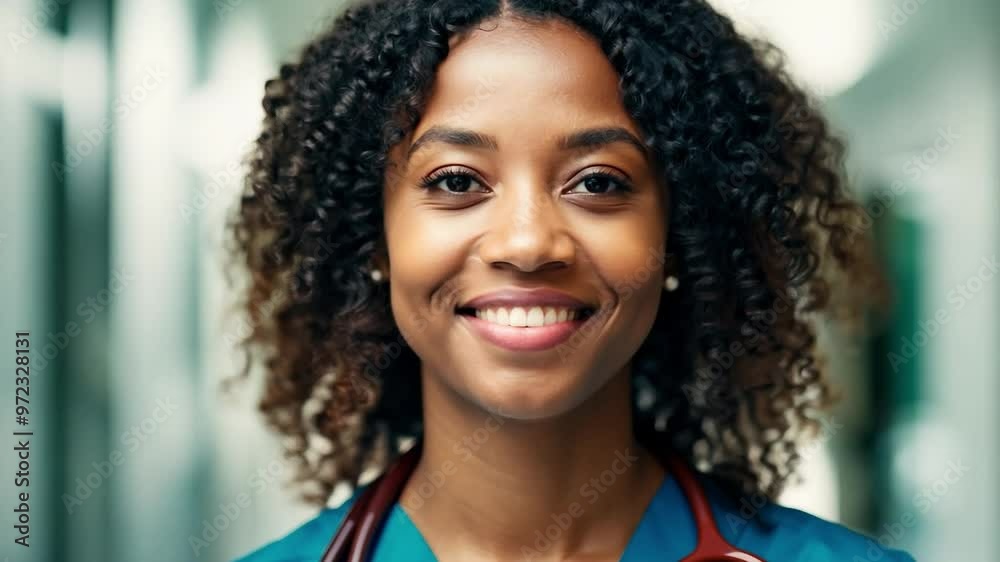 Young female doctor smiling in hospital hallway Young female doctor smiling in hospital hallway