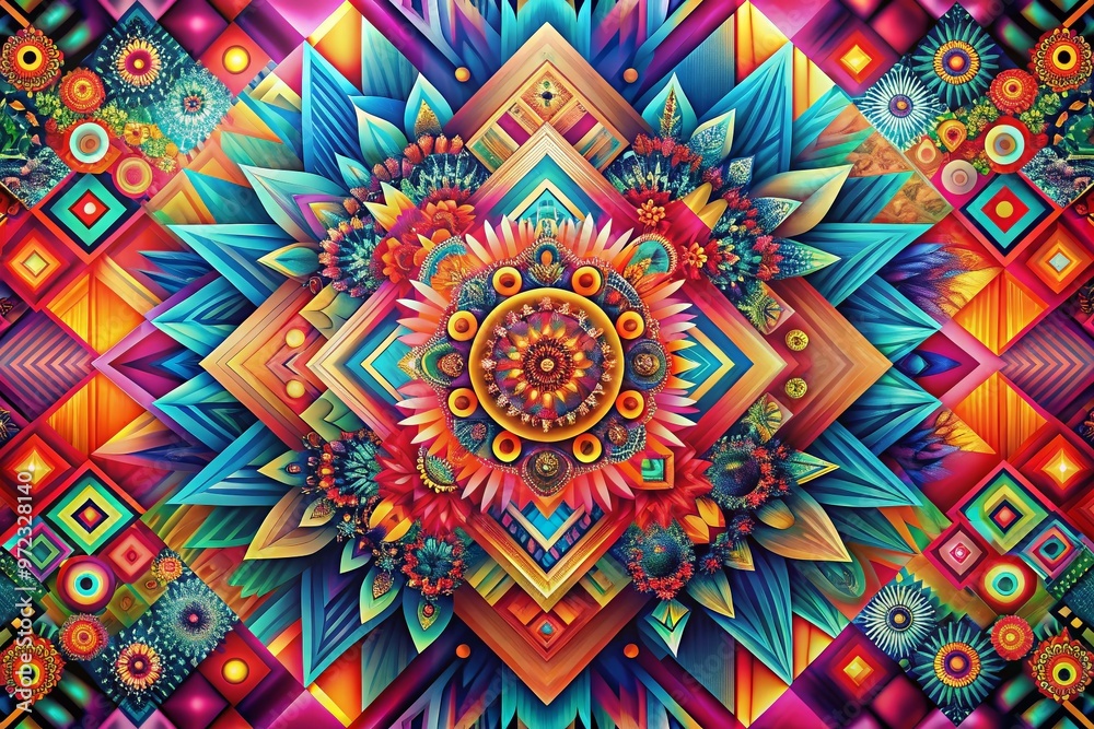 A bright and colorful abstract design featuring a mesmerizing fusion of shapes, textures, and patterns that evoke a A bright and colorful abstract design featuring a mesmerizing fusion of shapes, textures, and patterns that evoke a