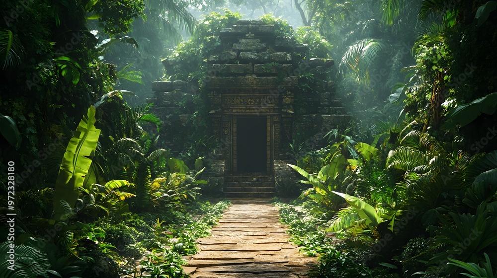 Mystical Ancient Temple Ruins Hidden Deep in the Lush Jungle with Stone Pathway Leading to Entrance - Tropical Rainforest Landscape Mystical Ancient Temple Ruins Hidden Deep in the Lush Jungle with Stone Pathway Leading to Entrance - Tropical Rainforest Landscape