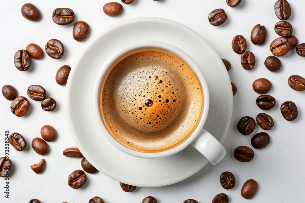 Small espresso cup with coffee beans isolated on white background Small espresso cup with coffee beans isolated on white background