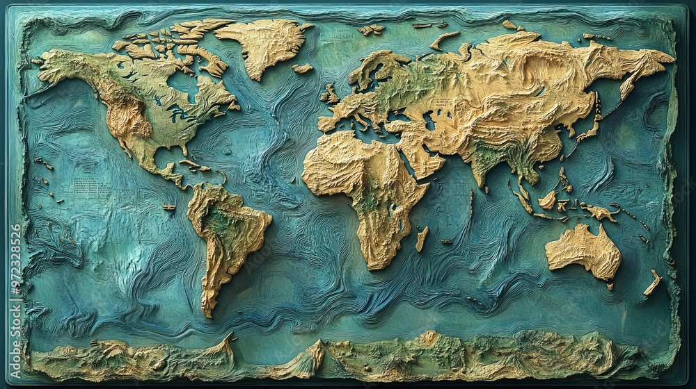 A high-resolution topographic world map detailing continents ...