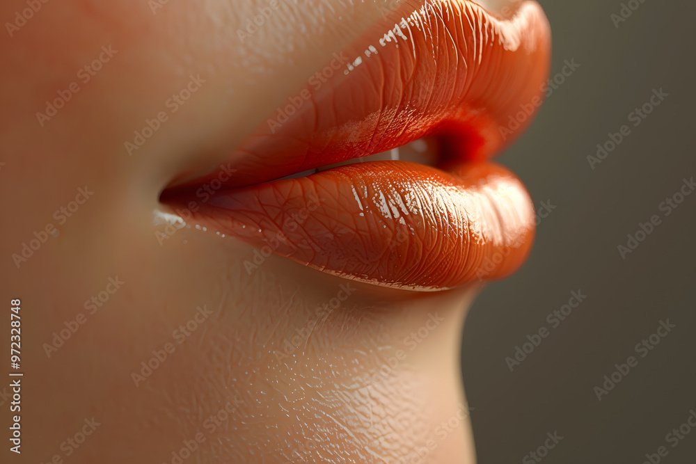 Fototapeta premium Close-up of smooth, full lips in a vibrant coral shade, highlighted with a glossy finish against a muted background.