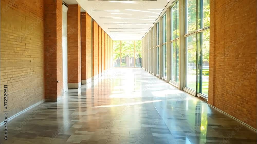 A modern hallway with brick walls and large windows overlooking a green space A modern hallway with brick walls and large windows overlooking a green space