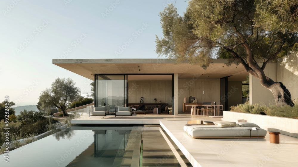 Fototapeta premium Architecture 3d rendering of modern minimal house with natural landscape