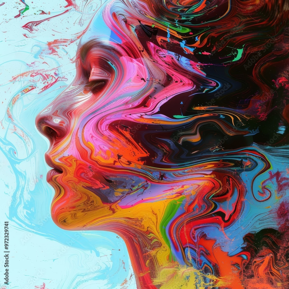 Fototapeta premium Colorful abstract art depicting a woman's profile with fluid brushstrokes and vibrant hues, expressing creativity and emotion.