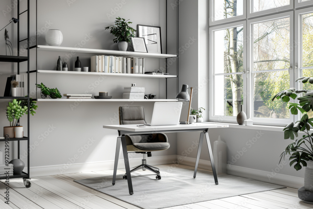 Fototapeta premium Contemporary open space office with computer, shelf with documents