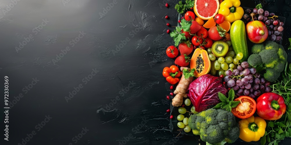 Engage with a Colorful Flat Lay of Diverse Fruits and Vegetables, Beautifully Arranged for a Visually Delightful Experience with Space for Custom Text. Engage with a Colorful Flat Lay of Diverse Fruits and Vegetables, Beautifully Arranged for a Visually Delightful Experience with Space for Custom Text.