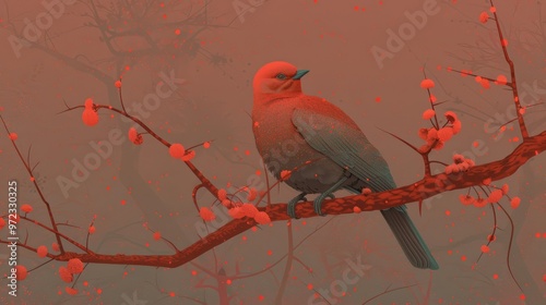 Bird Perched on a Bare Branch with Subtle Blossoms Against a Deep Red Gradient Background, Showcasing Minimalist Nature Art with Warm Tones and a Tranquil, Contemplative Atmosphere