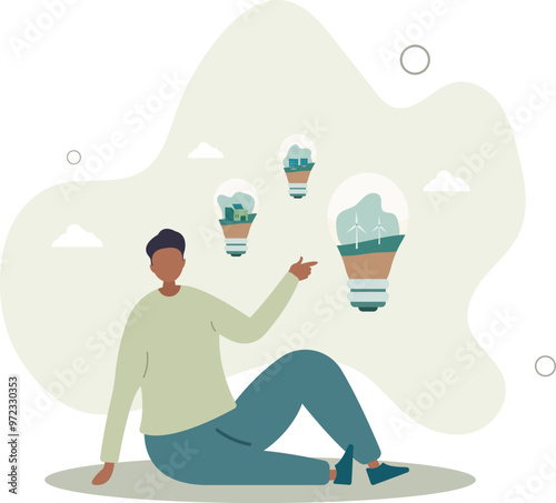 Eco friendly sustainable, Set of light bulb with alternative energy, climate change problem concepts.flat design with people. photo