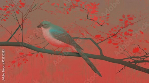 Elegant Bird Resting on a Branch with Red Leaves Against a Soft Gradient Pink and Orange Background, Capturing a Minimalist and Serene Nature Scene with a Touch of Tranquility and Artistic Expression