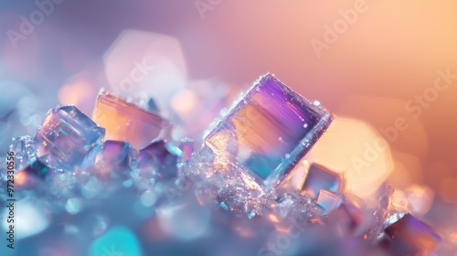 Erythritol Sugar Crystals, a close-up view revealing vibrant, multicolored patterns and intricate textures of crystalline structures against a softly blurred backdrop. photo