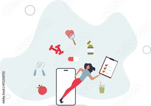 Weight loss with mobile app. diet plan with healthy food and vitamin supplements, sport workout in gym.flat design with people.