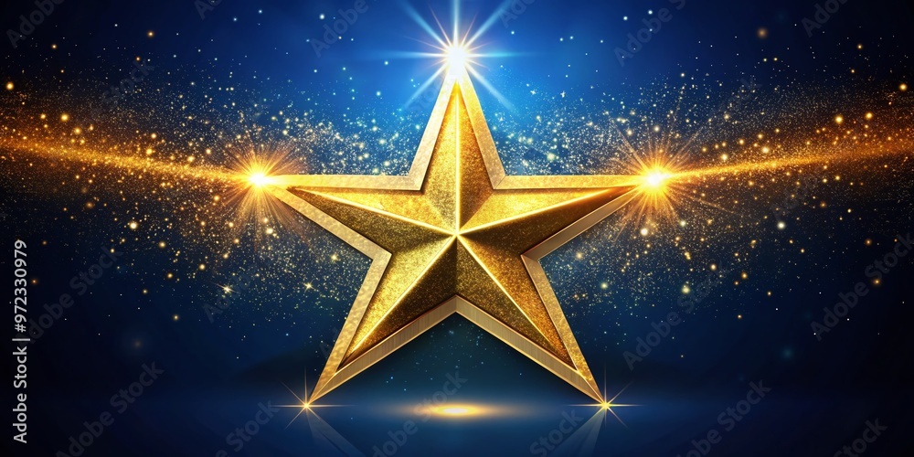 A bright, shimmering gold star symbol on a dark blue background, radiating light and energy, conveying excellence, A bright, shimmering gold star symbol on a dark blue background, radiating light and energy, conveying excellence,