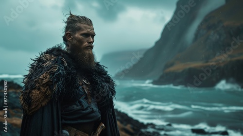 Viking Warrior Standing on Rocky Shoreline with Windblown Hair and Fur Cloak, Gazing over the Rough Sea and Rugged Cliffs, Capturing the Essence of Norse Strength and the Wild Nordic Landscape
