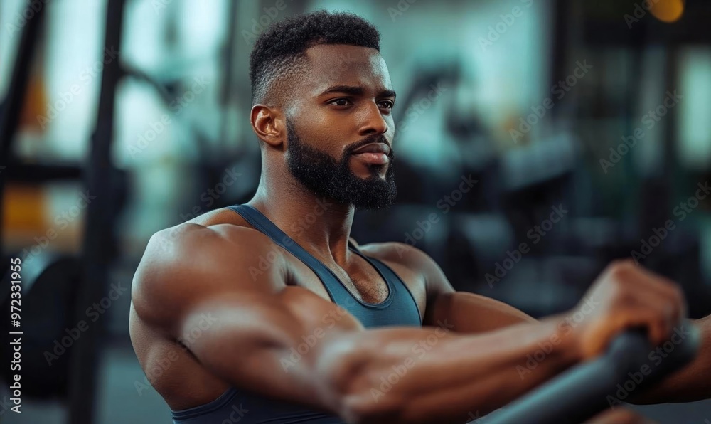 Muscular man in a gym working out on a rowing machine. Muscular man in a gym working out on a rowing machine.