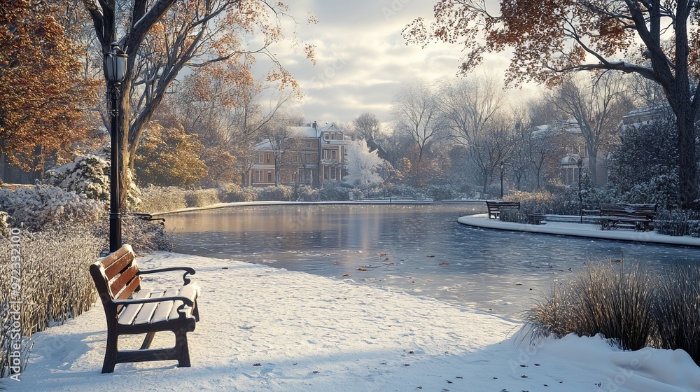 Strolling along a frozen pond in a quiet neighborhood, with snow-covered benches and a peaceful winter atmosphere. 4K hyperrealistic photo. Strolling along a frozen pond in a quiet neighborhood, with snow-covered benches and a peaceful winter atmosphere. 4K hyperrealistic photo.