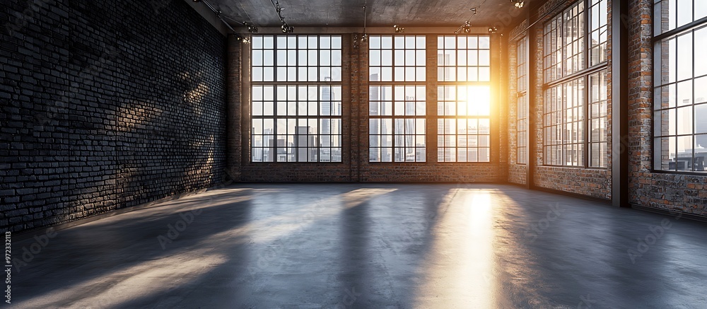 Modern photo studio with dark brick walls, high ceilings, and concrete floors in sunlight.
