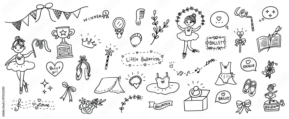 Hand drawn line doodles vector design elements set of ballerina girl, ballet dress, pointe shoes, crown, hand mirror, diamond ring, trophy, scepter. Ballet elements concept illustration. Hand drawn line doodles vector design elements set of ballerina girl, ballet dress, pointe shoes, crown, hand mirror, diamond ring, trophy, scepter. Ballet elements concept illustration.