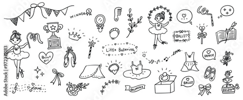 Hand drawn line doodles vector design elements set of ballerina girl, ballet dress, pointe shoes, crown, hand mirror, diamond ring, trophy, scepter. Ballet elements concept illustration.
