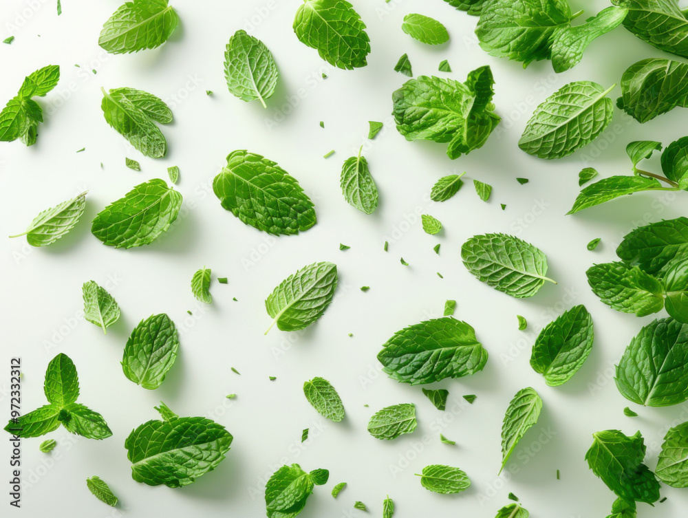 Various falling fresh ripe Mint leaves on light white background, horizontal composition Various falling fresh ripe Mint leaves on light white background, horizontal composition