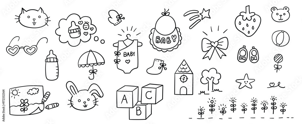 Hand drawn line doodles vector design elements set of milk bottle, gloves, aprons, socks, coloring paper, umbrellas, stars, shoes, bears, rabbits, balls. Baby elements concept illustration. Hand drawn line doodles vector design elements set of milk bottle, gloves, aprons, socks, coloring paper, umbrellas, stars, shoes, bears, rabbits, balls. Baby elements concept illustration.