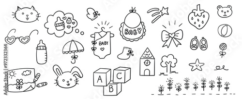 Hand drawn line doodles vector design elements set of milk bottle, gloves, aprons, socks, coloring paper, umbrellas, stars, shoes, bears, rabbits, balls. Baby elements concept illustration.