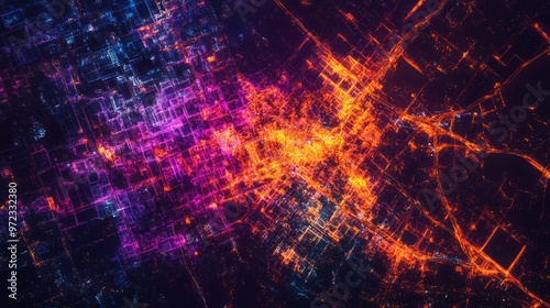 Heatmap of a city's nighttime lights, with warm colors highlighting the brightest, most active areas and cooler tones in the darker, quieter zones. 4K hyperrealistic photo. photo