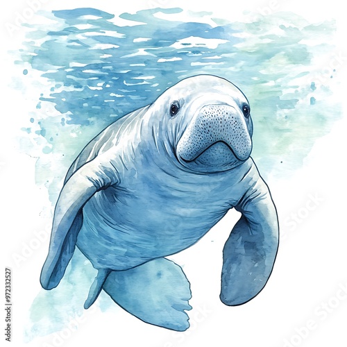 Wallpaper Mural Watercolor Illustration of a Manatee Swimming in Blue Water. Torontodigital.ca