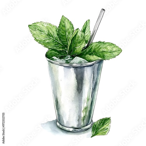 Watercolor Illustration of a Mint Julep Cocktail in a Silver Cup.