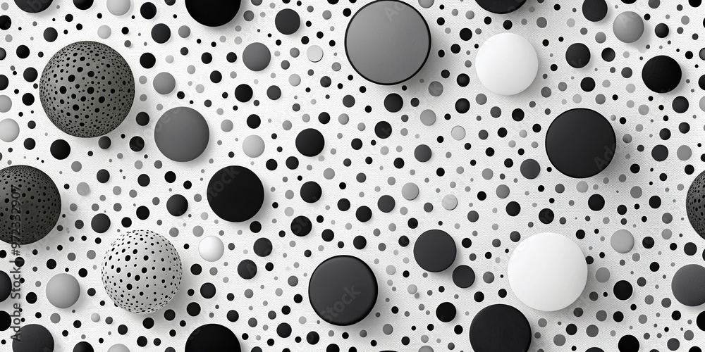 Abstract minimalist background featuring small round spots of varying sizes in black and white, creating a playful and