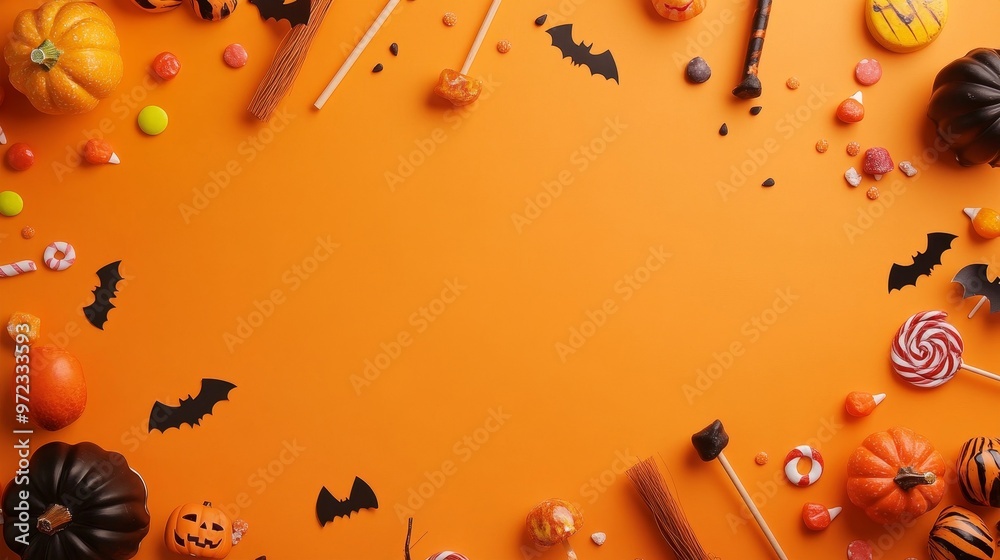 Fototapeta premium Halloween Spooky Decorations Flat Lay on Orange Background with Copy Space Below