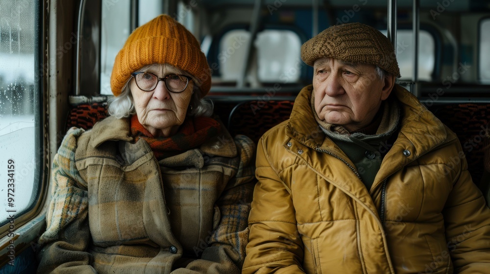 An elderly couple sits together on a bus. AI. An elderly couple sits together on a bus. AI.