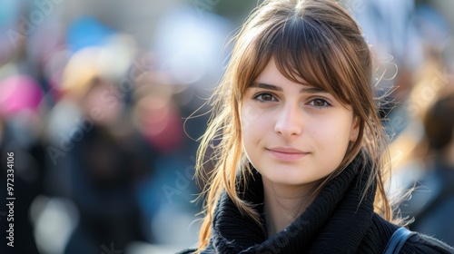 A young woman smiles softly at the camera. AI.