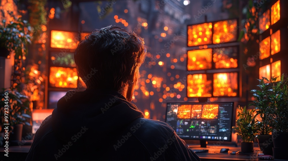 A person monitors multiple screens displaying fiery visuals. A person monitors multiple screens displaying fiery visuals.
