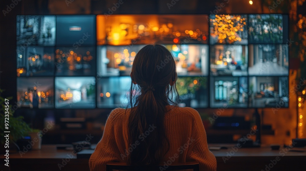 Person viewing multiple screens displaying various scenes. Person viewing multiple screens displaying various scenes.