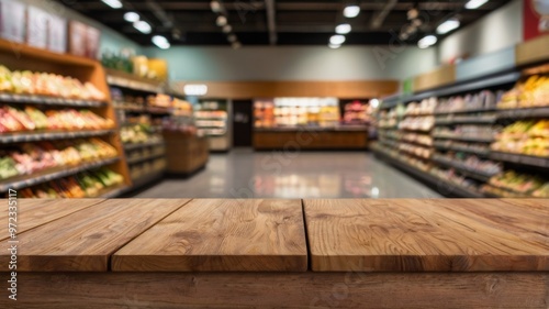 Empty wooden table top with blurred supermarket aisle background