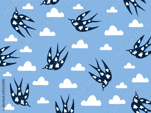 Pattern of swallows and clouds. Wallpaper in blue tones. Birds in the sky. Vector illustration