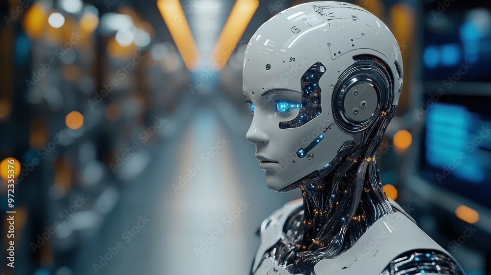 Fototapeta premium A futuristic humanoid robot in a high-tech corridor.