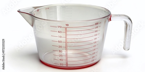 A clear plastic measuring cup stands on a white background, filled to the brim with 5 liters of photo