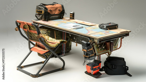 Outdoor Adventure Desk: A functional and durable workspace designed for outdoor enthusiasts, complete with a camping chair, map case, and gear strewn about, reflecting the active lifestyle of those wh photo