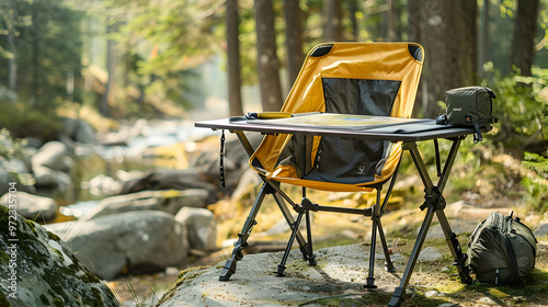 Outdoor Adventure Desk: A functional and durable workspace designed for outdoor enthusiasts, complete with a camping chair, map case, and gear strewn about, reflecting the active lifestyle of those wh photo