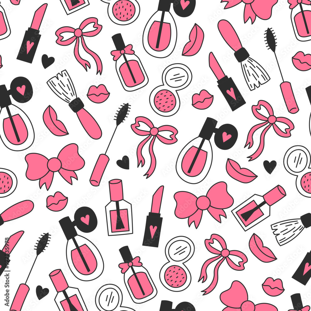 Beauty Cosmetics Doodle Seamless Pattern. Cute hand drawn coquette woman make up background with falling outline lipstick perfume mascara powder icons. Repeat vector illustration