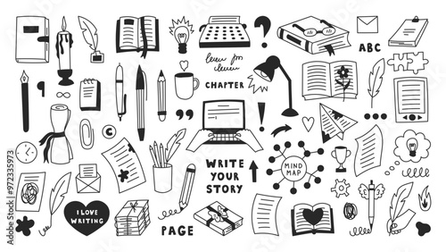 Book Writer Doodle Icons Set. Large collection of hand drawn Writing tools equipment and symbols. Outline book reading signs for author publisher journalist.