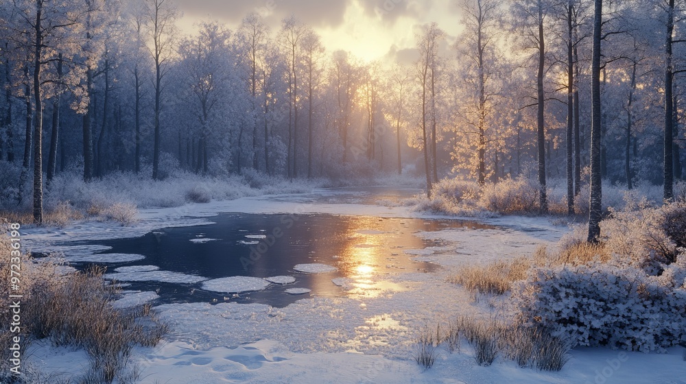 Snow-covered forest clearing with a frozen pond under the light of the full moon, with the trees and ice glowing in the soft light. 4K hyperrealistic photo. Snow-covered forest clearing with a frozen pond under the light of the full moon, with the trees and ice glowing in the soft light. 4K hyperrealistic photo.