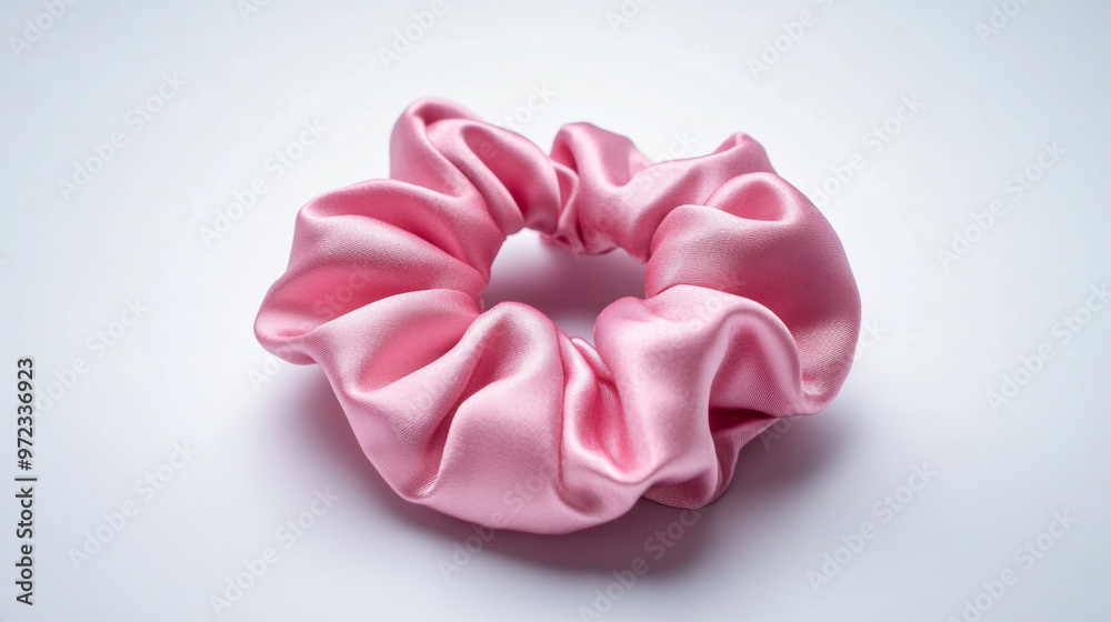 A soft pink satin scrunchie placed on a plain white surface showcasing its elegant design and texture A soft pink satin scrunchie placed on a plain white surface showcasing its elegant design and texture