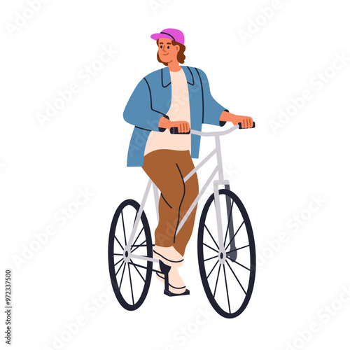 Happy woman cycling. Young smiling female character riding bicycle. Active cheerful cyclist travels on bike, person enjoying pedaling. Flat graphic vector illustration isolated on white background