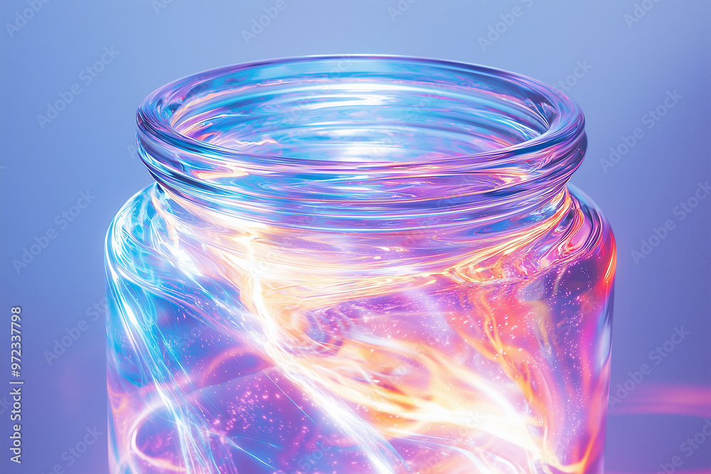 Vibrant glowing jar with colorful swirling lights inside. Vibrant glowing jar with colorful swirling lights inside.
