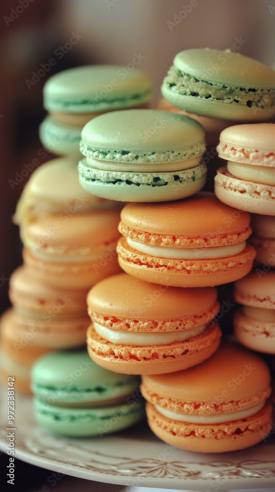 Obraz premium A stack of different colored macarons on a white plate. The colors are green, orange, and yellow